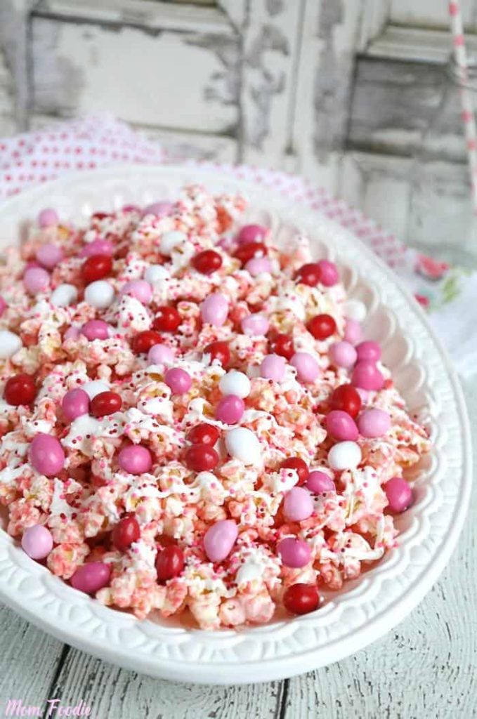 The pink chocolate-covered popcorn with M&Ms is equally perfect for a kid's party