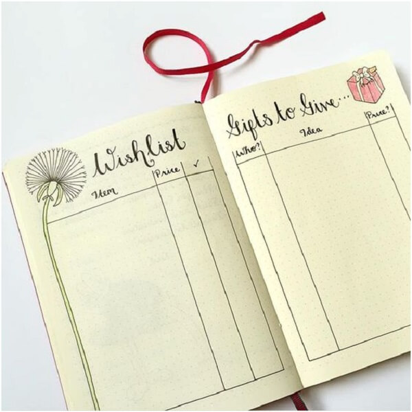 Wish List & Gift Ideas for BuJo page layout