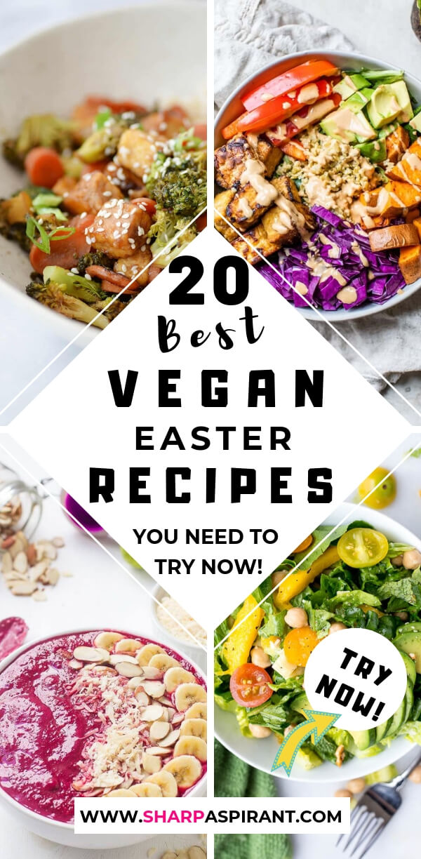 These are some of the Best Vegan Easter Recipes! I'm very excited to make some of my favorite vegan recipes so I'll definitely pin this for later! I'm sure my family and guests will be impressed! The best vegan breakfast, brunch, lunch and dinner ideas, plus some delicious dessert recipes to make your Easter special. via www.sharpaspirant.com. easter vegan food. vegan easter recipes. easter vegan recipes