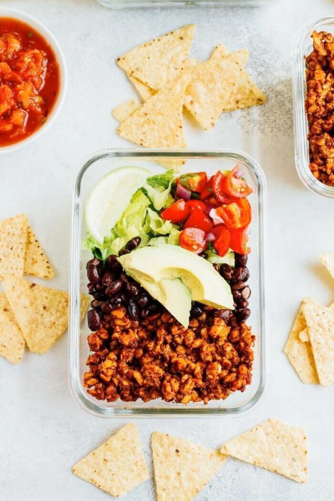 Tempeh Taco Salad Meal Prep Bowls. These healthy Vegan Meal Prep Ideas are perfect for breakfast, lunch or dinner, easy to cook and delicious to eat! #Meals #MealPrep #HealthyMealPrep #HealthyRecipes #veganrecipes