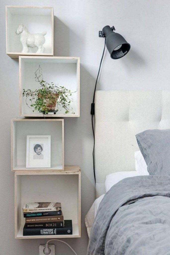 Cute Wooden Set Of Stacked Square Shelves #smallbedroomideas #smallbedroomstorageideas #spacesaving #bedroomideasforsmallrooms