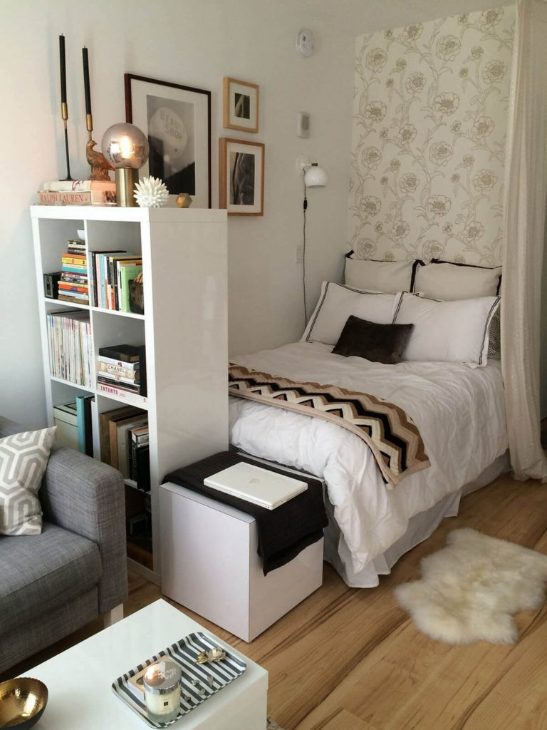 White Bookcase Room Divider: Small Bedroom Organization Ideas #smallbedroomideas #smallbedroomstorageideas #spacesaving #bedroomideasforsmallrooms