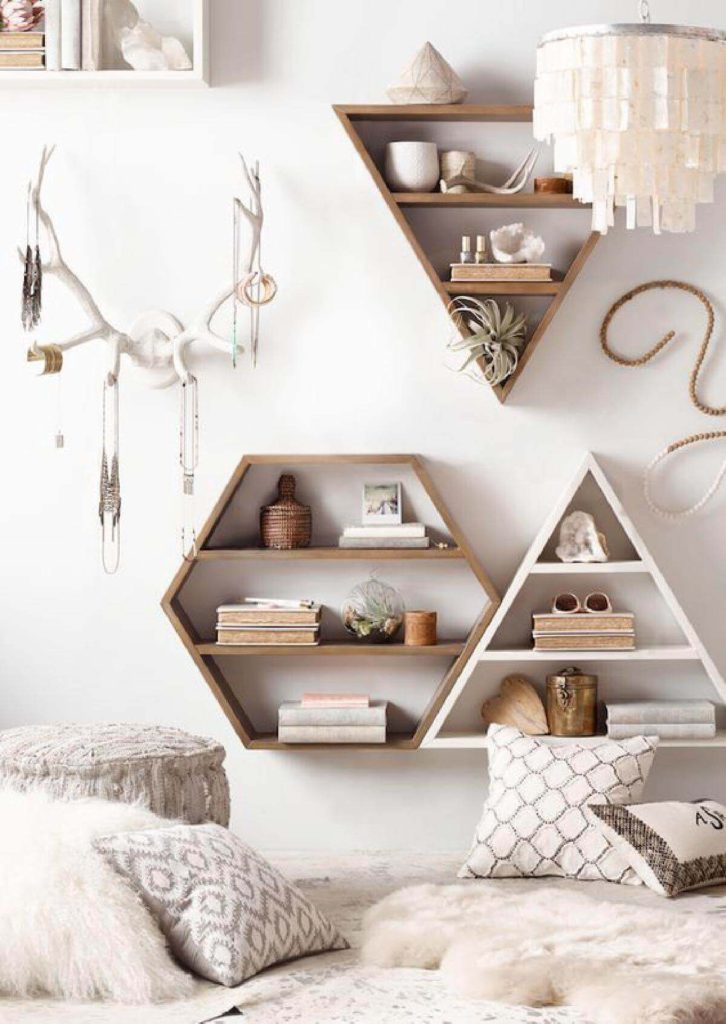 Set Of Wooden Rustic Geometric Wall Shelves #smallbedroomideas #smallbedroomstorageideas #spacesaving #bedroomideasforsmallrooms