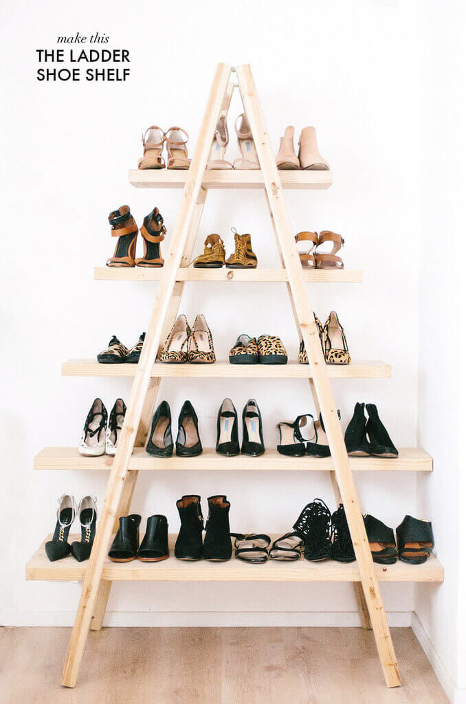 It's quite refreshing to see a piece of ladder shelves transformed into this stylish shoe rack! It creates a fabulous wall decor too. Look at those color-coordinated shoes! #storagetips #organizationideas #smallbedroomideas #smallbedroomstorageideas #spacesaving #bedroomideasforsmallrooms