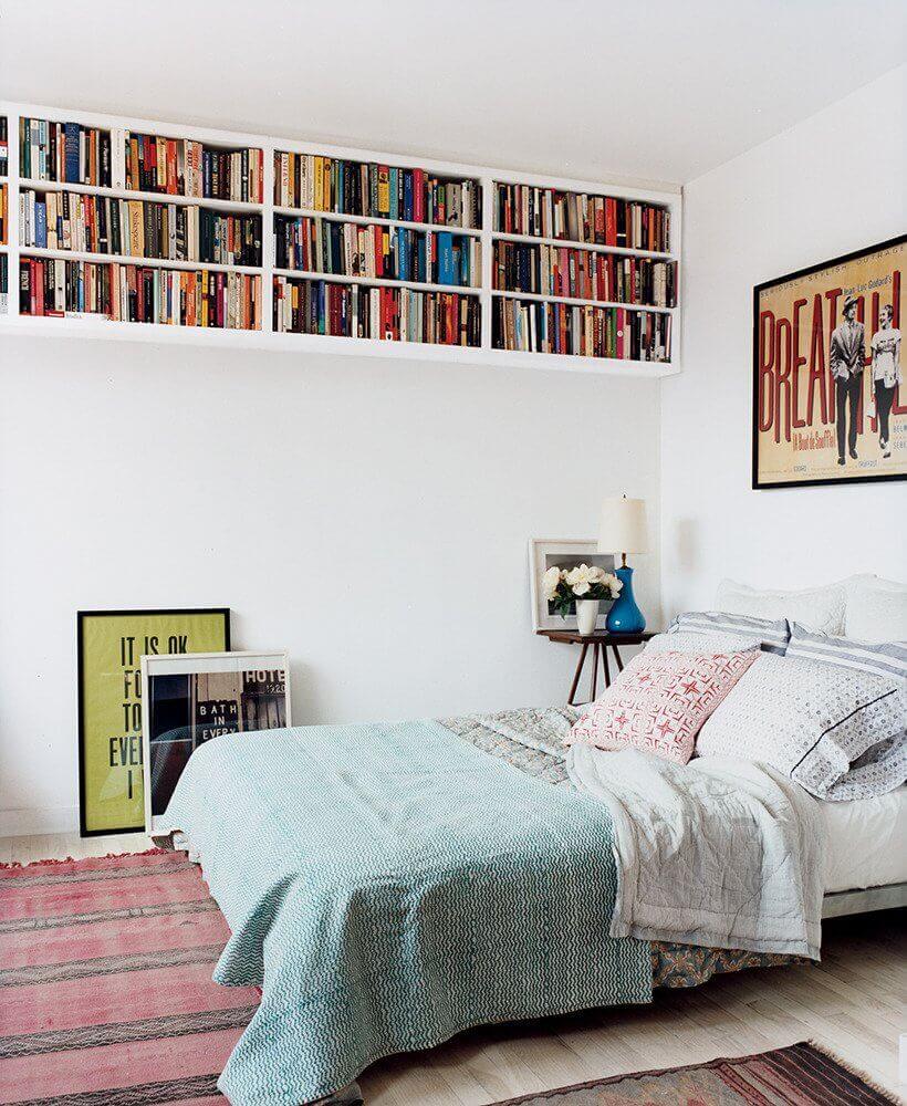 High Rise Sectioned Bookshelf for organizing books. #smallspaces #bedroomideas #bedroomorganization #smallbedroomideas #smallbedroomstorageideas #spacesaving #bedroomideasforsmallrooms