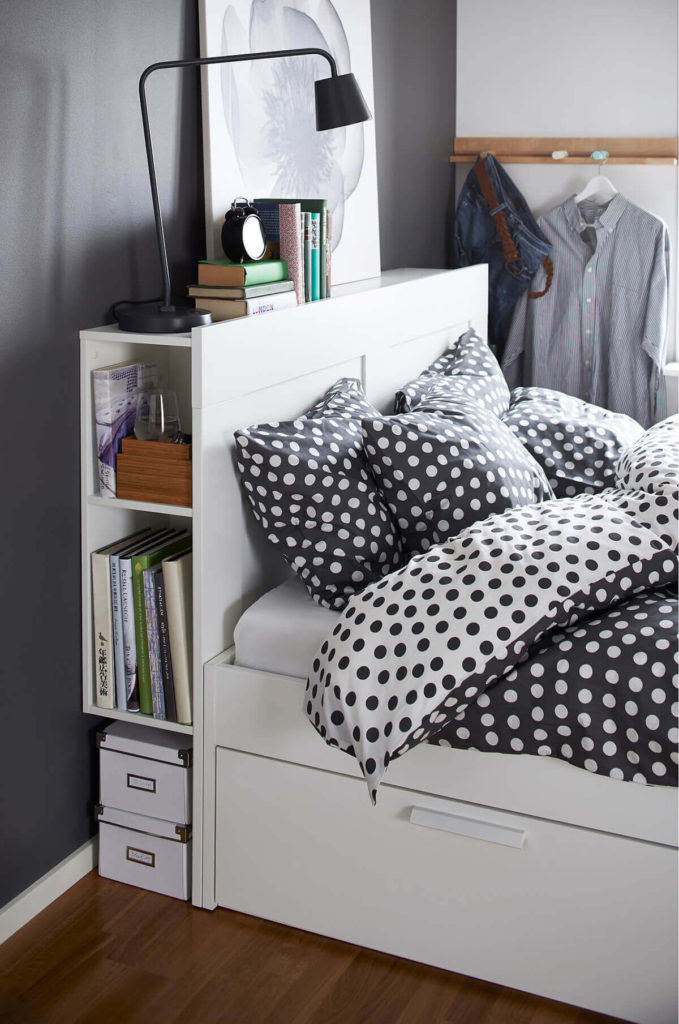 Bed Rest Bookshelf With Additional Box Storage #smallbedroomideas #smallbedroomstorageideas #spacesaving #bedroomideasforsmallrooms