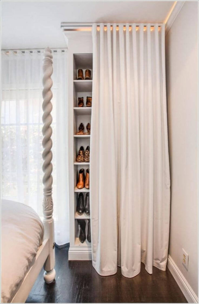 Small Bedroom Organization Ideas: Well Hidden Wall Shoe Storage #smallbedroomideas #smallbedroomstorageideas #spacesaving #bedroomideasforsmallrooms