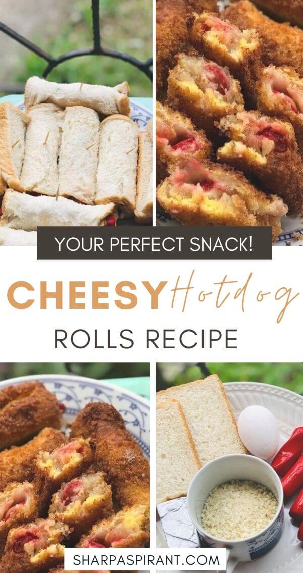 I love this cheesy hot dog rolls recipe! Golden, crunchy and stuffed with meaty hot dogs and melty cheese. Super simple and filling, perfect snack kids and adults will love! bread roll with hotdog and cheese | hotdog and cheese roll | cheese dog bread rolls | hot dog cheese roll | hotdog and cheese bread roll | hotdog roll