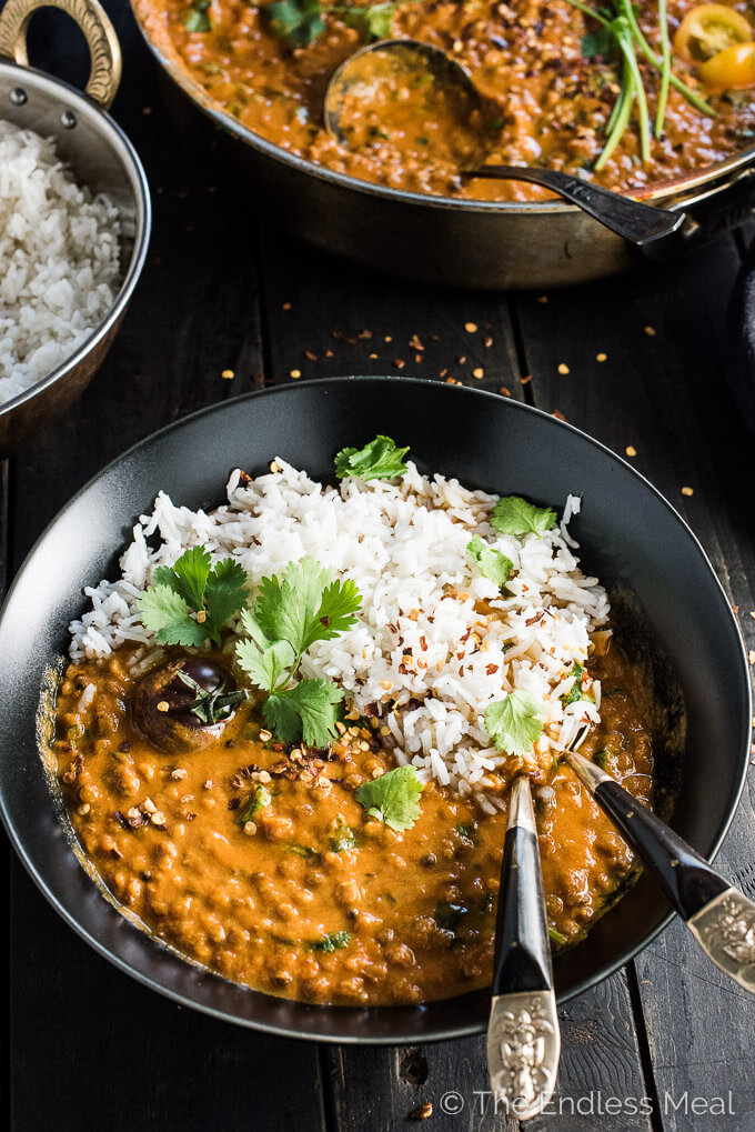 Creamy Coconut Lentil Curry via The Endless Meal. Are you looking for quick, easy, and healthy dinner recipes? Here are 20 delicious dinner recipes you can do on Sunday that you, your kids, and family will love! #Meals #MealPrep #HealthyMealPrep #HealthyRecipes #Dinner #DinnerIdeas #DinnerRecipes #HealthyDinnerRecipes