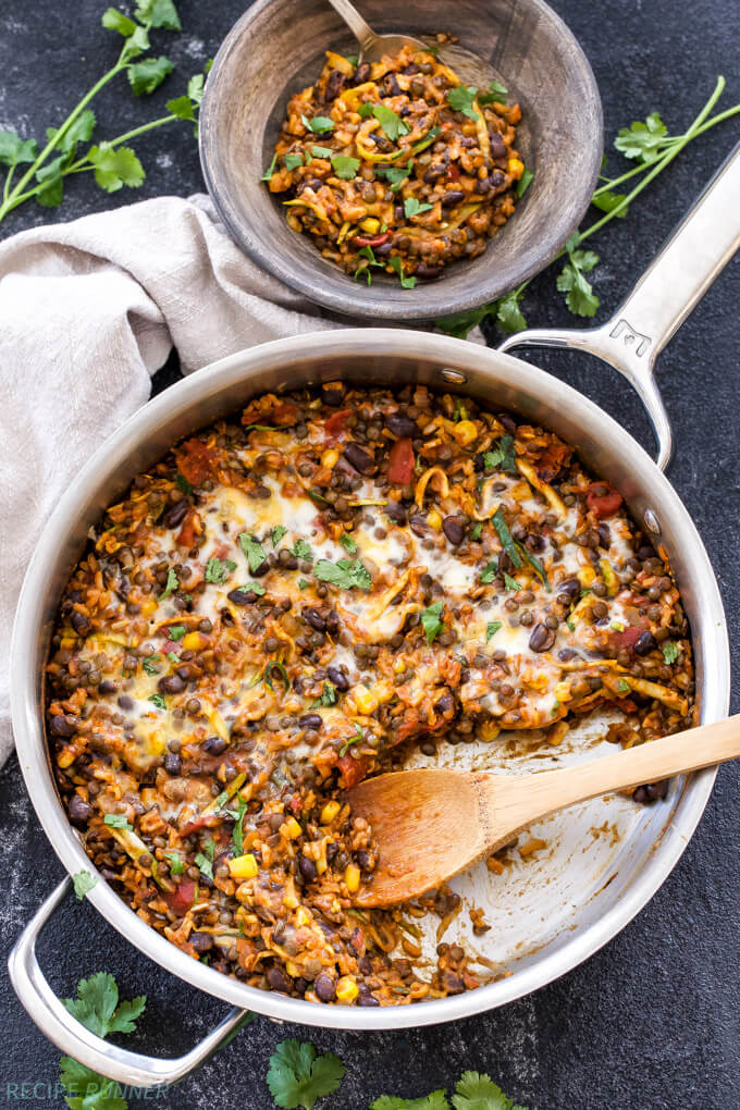 One Pot Cheesy Mexican Lentils, Black Beans + Rice. Are you looking for quick, easy, and healthy dinner recipes? Here are 9 delicious vegetarian dinner recipes even your meat-loving kids and family will love! #Meals #MealPrep #HealthyMealPrep #HealthyRecipes #Dinner #DinnerIdeas #DinnerRecipes #HealthyDinnerRecipes. healthy dinner ideas vegetarian, vegetarian recipes dinner, healthy dinner recipes
