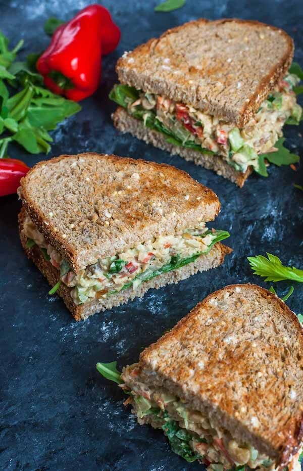 Garden Veggie Chickpea Salad Sandwich. These easy vegetarian recipes are perfect for dinner or anytime of the day! Healthy and seriously delicious even carnivores will love! vegetarian recipes. vegetarian meals. vegetarian recipes dinner. vegetarian recipes healthy