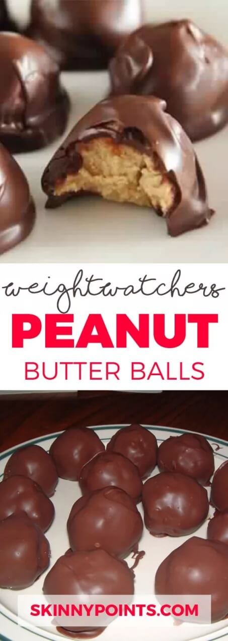 Weight Watchers Desserts - Peanut Butter Balls get the full recipe on Skinny Points. 50 Quick & Easy Weight Watchers Desserts With SmartPoints. Looking for yummy Weight Watchers desserts with points or freestyle points?These tasty freestyle weight watchers desserts include everything from Cheesecake to chocolate cake to pancakes with cool whip and everything in between! #weightwatchers #weightwatchersdesserts #weightwatchersrecipes #weightwatchersdessertsfreestyle #easy #healthy #smartpoints #wwdesserts #freestyle #desserts #healthydesserts