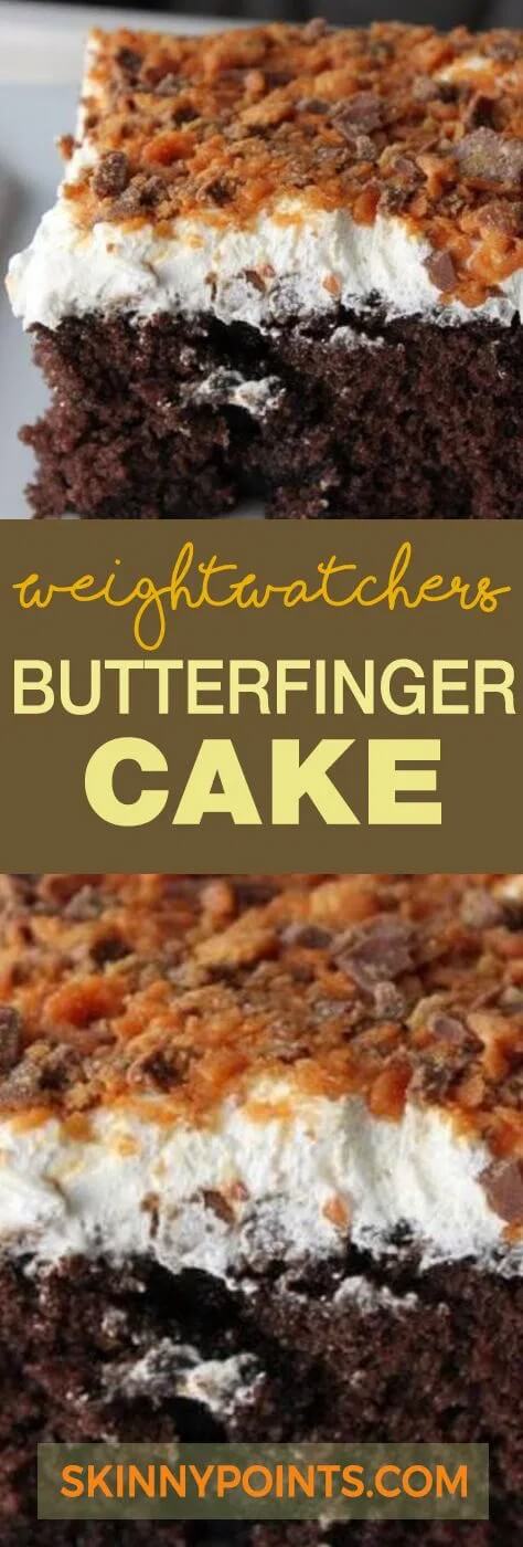 Weight Watchers Desserts - Butterfinger Cake get the full recipe on Skinny Points. 50 Quick & Easy Weight Watchers Desserts With SmartPoints. Looking for yummy Weight Watchers desserts with points or freestyle points?These tasty freestyle weight watchers desserts include everything from Cheesecake to chocolate cake to pancakes with cool whip and everything in between! #weightwatchers #weightwatchersdesserts #weightwatchersrecipes #weightwatchersdessertsfreestyle #easy #healthy #smartpoints #wwdesserts #freestyle #desserts #healthydesserts