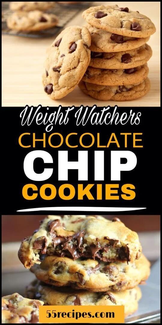 Weight Watchers Desserts - Chocolate Chip Cookies get the full recipe on 55 Recipes. 50 Quick & Easy Weight Watchers Desserts With SmartPoints. Looking for yummy Weight Watchers desserts with points or freestyle points?These tasty freestyle weight watchers desserts include everything from Cheesecake to chocolate cake to pancakes with cool whip and everything in between! #weightwatchers #weightwatchersdesserts #weightwatchersrecipes #weightwatchersdessertsfreestyle #easy #healthy #smartpoints #wwdesserts #freestyle #desserts #healthydesserts