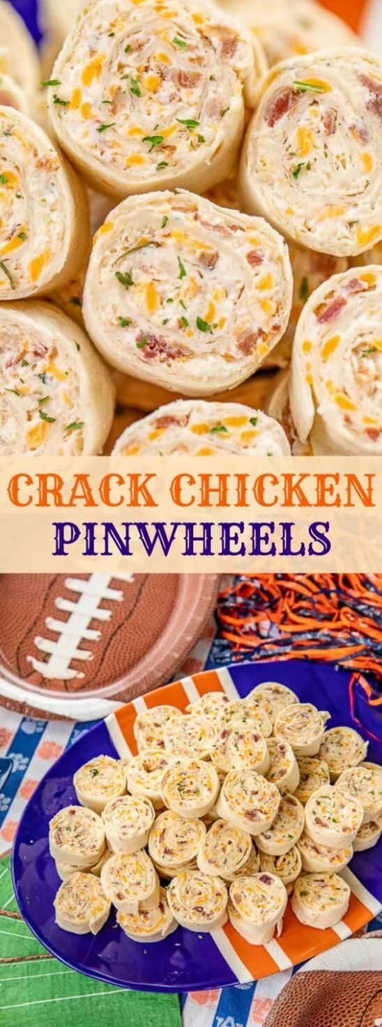 35 Easy Game Day Appetizers Perfect For Super Bowl Party! | Looking for easy game day recipes to wow your football loving friends? We have the best and tastiest collection of finger foods, pin wheel recipes with cream cheese or tortilla roll ups! Serve them as appetizers during game day or take as lunch to work.#superbowl #gameday #pinwheels #rollups #pinwheelrecipes #appetizers #pinwheelappetizers #partyappetizers #fingerfood #footballappetizers Crack Chicken Pinwheels via Plain Chicken. 