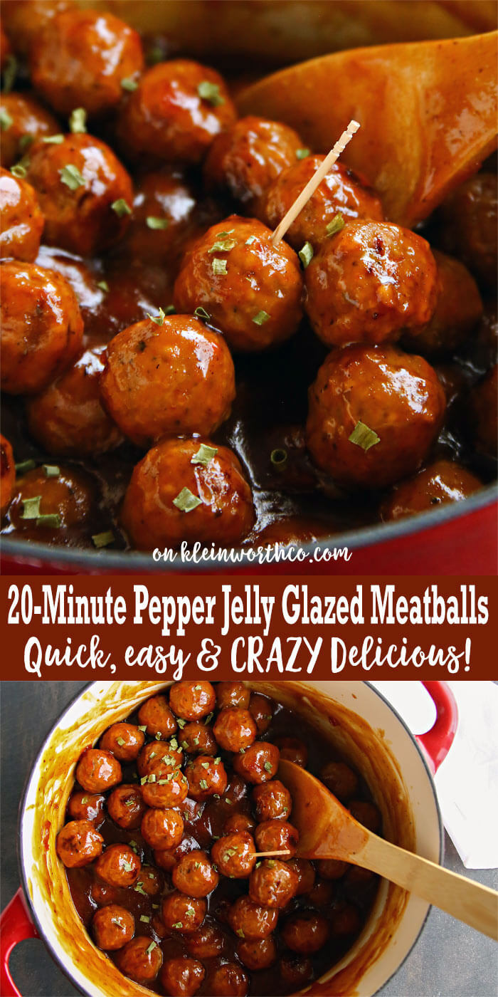 20-Minute Pepper Jelly Glazed Meatballs are the easiest appetizer recipe for your party or celebration.