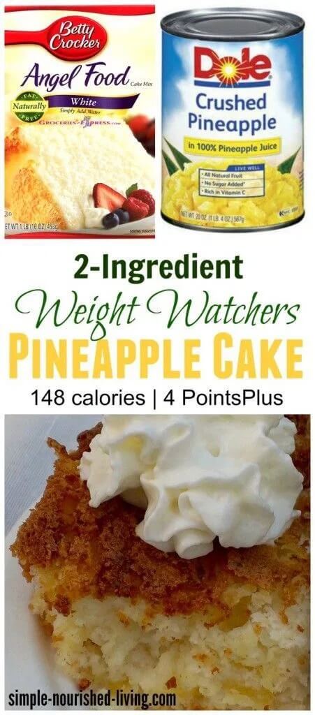 2-Ingredient Pineapple Cake get the full recipe on Simple Nourished Living. 50 Quick & Easy Weight Watchers Desserts With SmartPoints. Looking for yummy Weight Watchers desserts with points or freestyle points?These tasty freestyle weight watchers desserts include everything from Cheesecake to chocolate cake to pancakes with cool whip and everything in between! #weightwatchers #weightwatchersdesserts #weightwatchersrecipes #weightwatchersdessertsfreestyle #easy #healthy #smartpoints #wwdesserts #freestyle #desserts #healthydesserts
