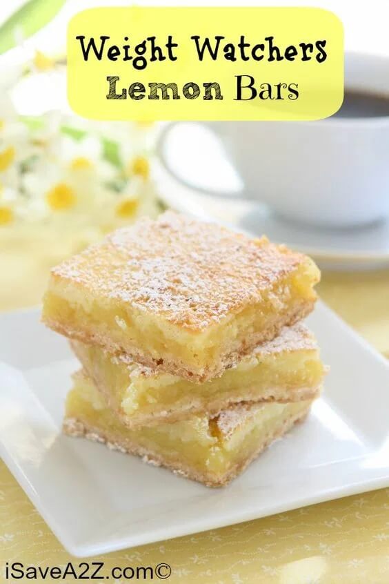 Lemon Bars get the full recipe on  iSave A2Z. 50 Quick & Easy Weight Watchers Desserts With SmartPoints. Looking for yummy Weight Watchers desserts with points or freestyle points?These tasty freestyle weight watchers desserts include everything from Cheesecake to chocolate cake to pancakes with cool whip and everything in between! #weightwatchers #weightwatchersdesserts #weightwatchersrecipes #weightwatchersdessertsfreestyle #easy #healthy #smartpoints #wwdesserts #freestyle #desserts #healthydesserts