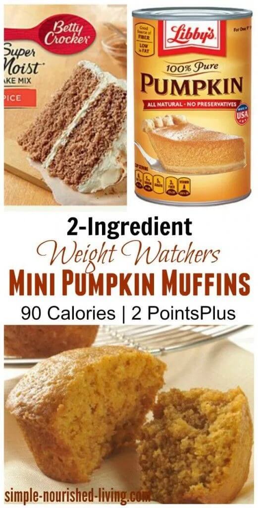 2-Ingredient Mini Pumpkin Muffins get the full recipe on Simple Nourished Living. 50 Quick & Easy Weight Watchers Desserts With SmartPoints. Looking for yummy Weight Watchers desserts with points or freestyle points?These tasty freestyle weight watchers desserts include everything from Cheesecake to chocolate cake to pancakes with cool whip and everything in between! #weightwatchers #weightwatchersdesserts #weightwatchersrecipes #weightwatchersdessertsfreestyle #easy #healthy #smartpoints #wwdesserts #freestyle #desserts #healthydesserts