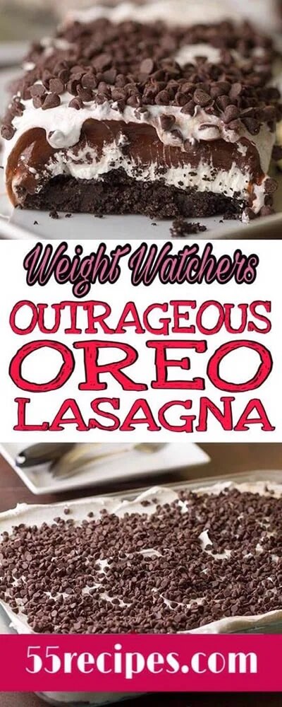 Outrageous Oreo Lasagna get the full recipe on  55 Recipes. 50 Quick & Easy Weight Watchers Desserts With SmartPoints. Looking for yummy Weight Watchers desserts with points or freestyle points?These tasty freestyle weight watchers desserts include everything from Cheesecake to chocolate cake to pancakes with cool whip and everything in between! #weightwatchers #weightwatchersdesserts #weightwatchersrecipes #weightwatchersdessertsfreestyle #easy #healthy #smartpoints #wwdesserts #freestyle #desserts #healthydesserts