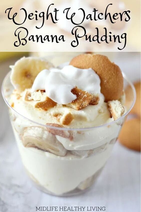 Banana Pudding get the full recipe on Midlife Healthy Living. 50 Quick & Easy Weight Watchers Desserts With SmartPoints. Looking for yummy Weight Watchers desserts with points or freestyle points?These tasty freestyle weight watchers desserts include everything from Cheesecake to chocolate cake to pancakes with cool whip and everything in between! #weightwatchers #weightwatchersdesserts #weightwatchersrecipes #weightwatchersdessertsfreestyle #easy #healthy #smartpoints #wwdesserts #freestyle #desserts #healthydesserts
