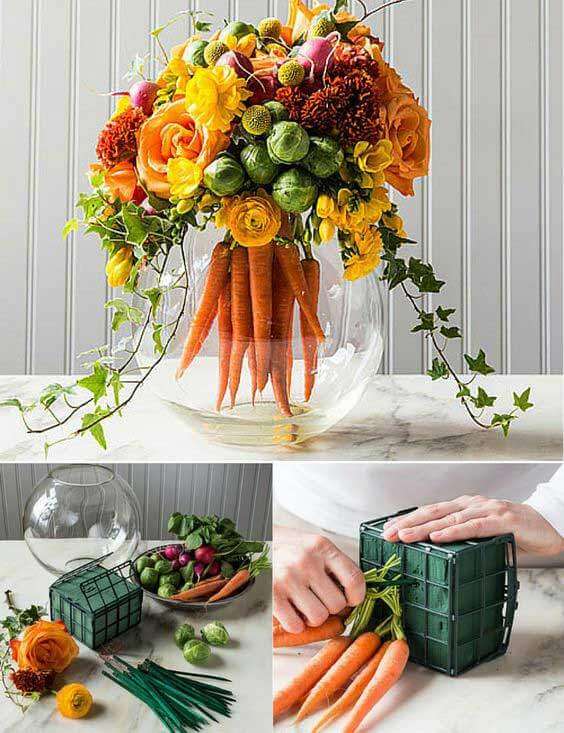 Mix up traditional floral arrangements with a bouquet of bright carrots at the heart of this more subtle Easter-inspired piece.