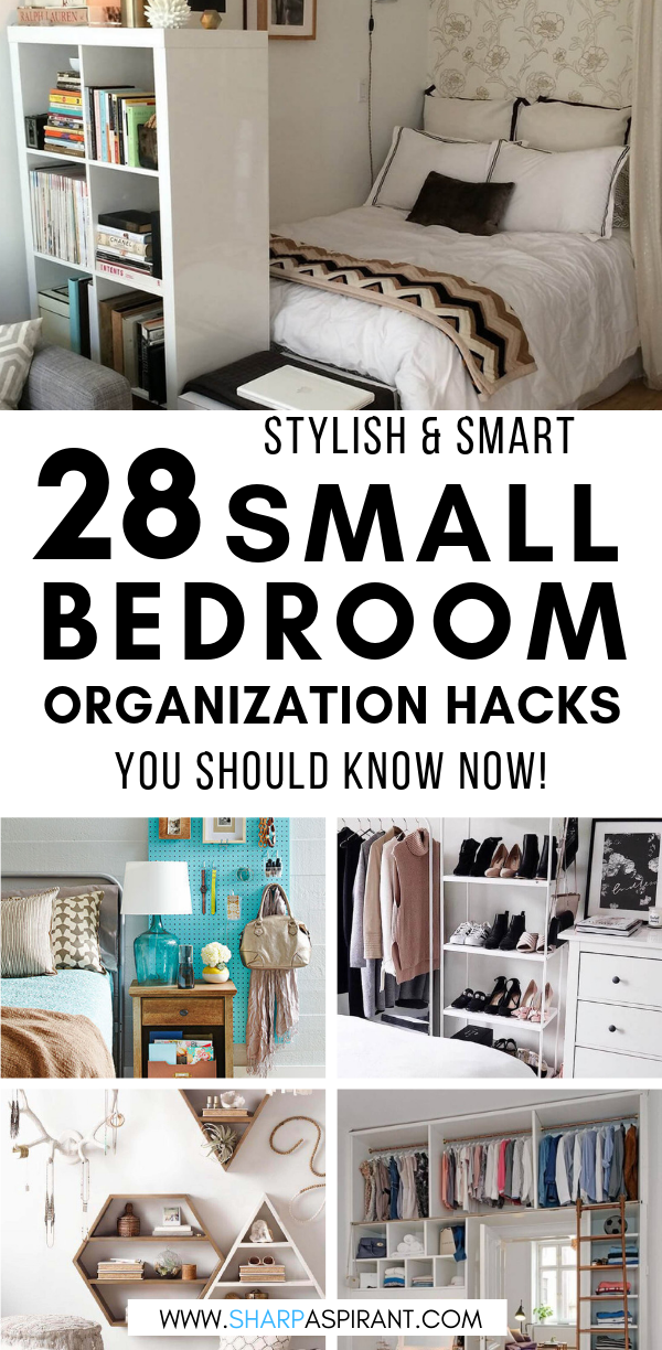 If you're looking for SMALL BEDROOM organization ideas, you're going to love these 28 smart and stylish bedroom organizer hacks. From under-the-bed storage to pegboard to fabulous ladder shelf and more, you'll find some great organization ideas here that are perfect for you! #smallbedroomideas #smallbedroomstorageideas #spacesaving #bedroomideasforsmallrooms
