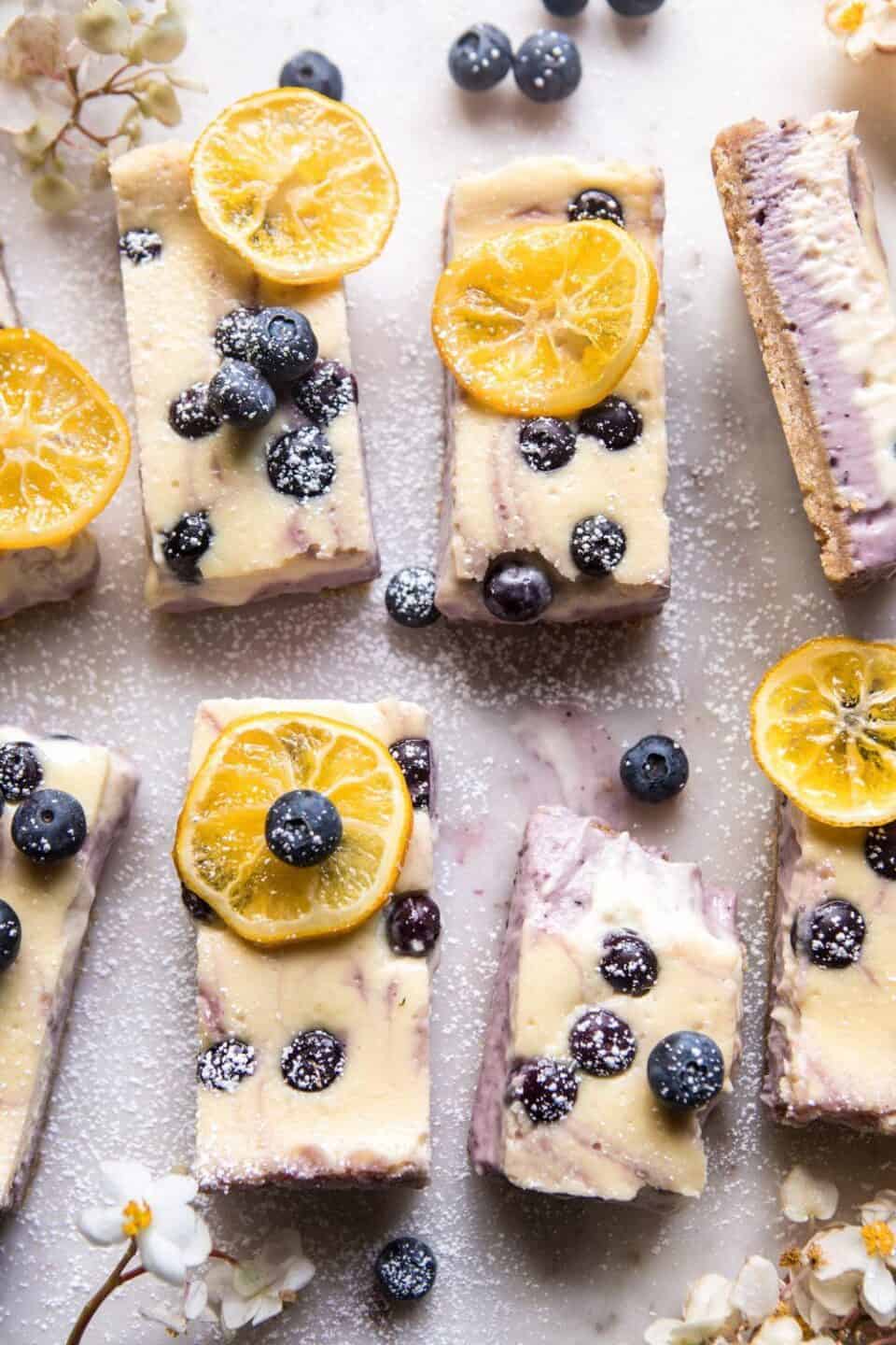 Blueberry Lemon Cheesecake Bars with Candied Lemon
