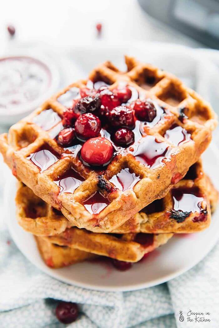 Orange Cranberry Waffles with Cranberry Compote - Quick and healthy breakfast ideas you can meal prep, yummy and ready in 30 mins or less. You can enjoy your mornings even if you're busy! meal prep, meal prep for the week, meal plan, meal prep recipes, #mealprepideas #breakfastideas #breakfastrecipes via www.sharpaspirant.com