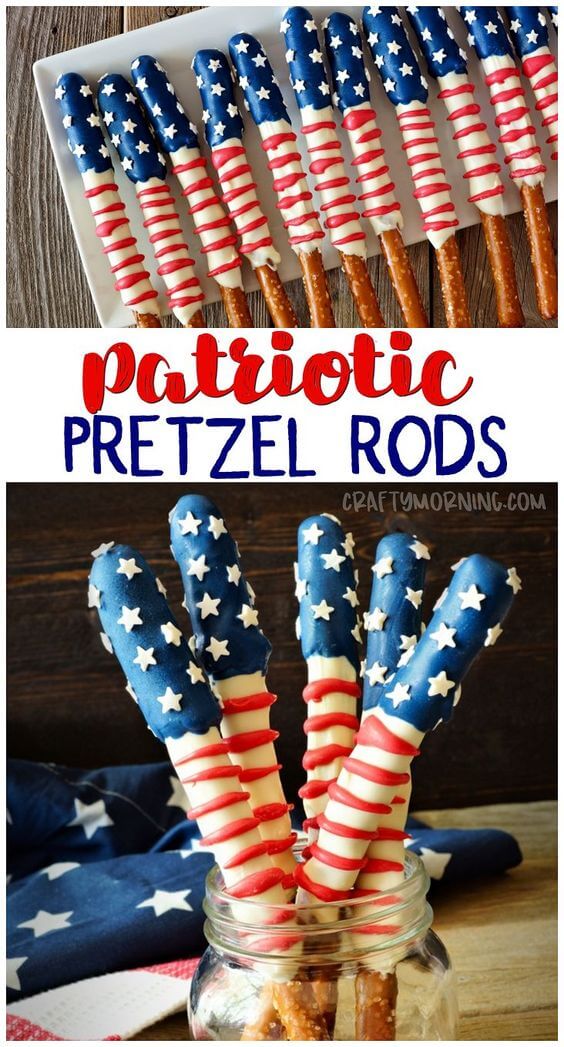 All you need is three bags of candy melts (white, blue, and red colors) and large pretzel rods.
