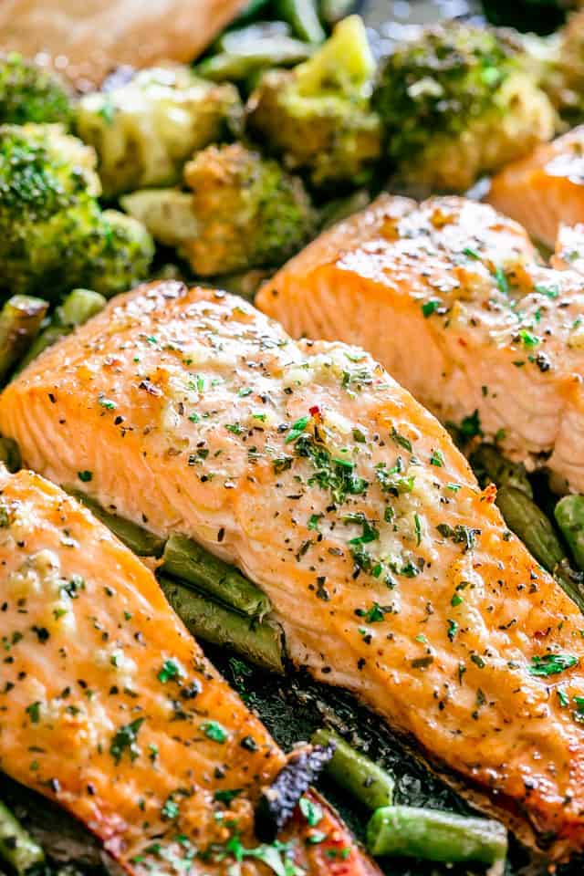 Garlic Butter Baked Salmon  via Diet Hood. Healthy, easy, and incredibly delicious salmon recipes you'll want to eat over and over again for breakfast,  lunch, or dinner! Find baked salmon, grilled salmon, smoked, pan-seared, and more!