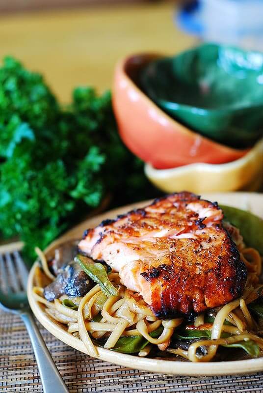 Asian Salmon and Noodles via Julia's Album. Healthy, easy, and incredibly delicious salmon recipes you'll want to eat over and over again for breakfast,  lunch, or dinner! Find baked salmon, grilled salmon, smoked, pan-seared, and more!