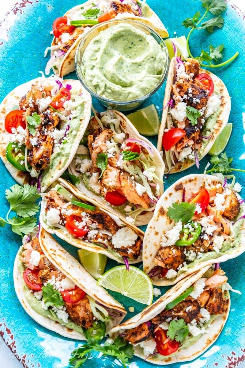 Grilled Salmon Tacos with Avocado Crema