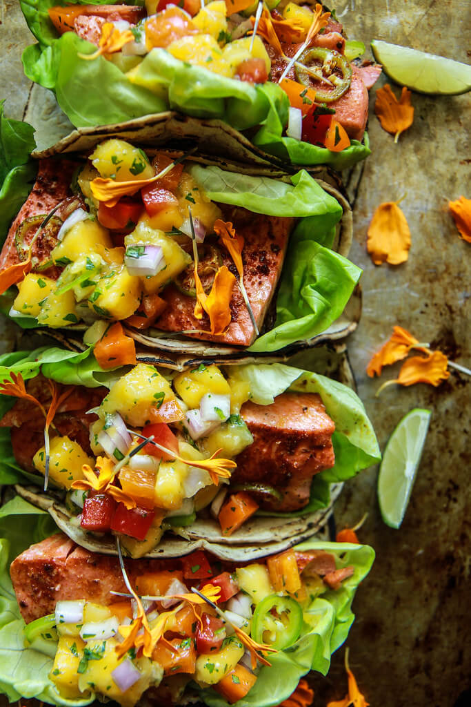 Wrapped in a toasted corn tortilla with soft butter lettuce, creamy avocado, and a generous dollop of sweet, spicy, crunchy, and limey Mango salsa.