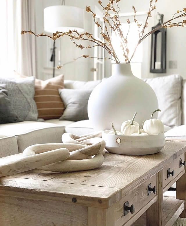 Stylish living room - love the colors, vase, and mini pumpkins
