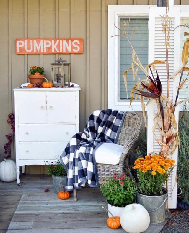 Adorable Fall Porch Ideas - easy and simple ways to make your front porch feel cozy and warm this autumn season!These fall porch ideas will show you how to easily create an autumn-ready porch using simple decors such as fall signs, wreaths, pumpkins, plants, and more! Image Via Foxhollowcottage
