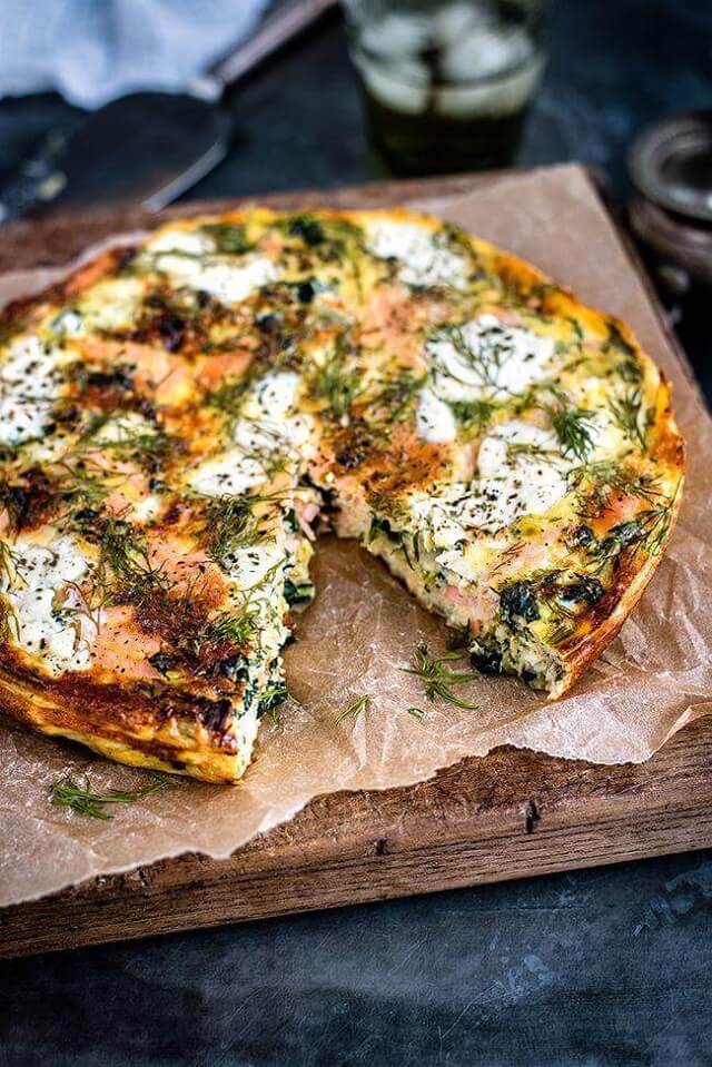 Cottage cheese, kale, and smoked salmon frittata. This herb-packed cottage cheese, kale, and smoked salmon frittata is delicious hot or cold and comes in at under 200 calories per slice.