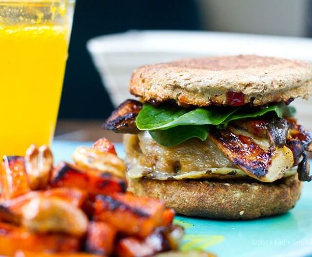 Serve this easy-to-make vegan plate with a warm and toasty Mushroom Melt Breakfast Sandwich, Spiced Sweet Potato Home Fries, and freshly squeezed orange juice for a hearty breakfast or brunch delight.