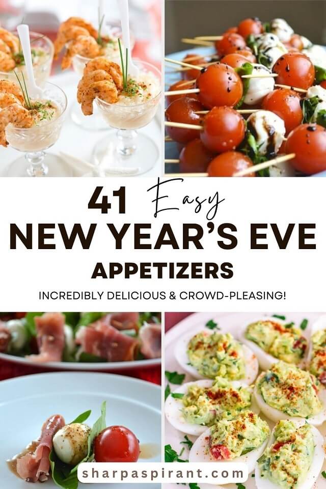 New Year's Eve appetizers. Looking for easy party appetizers, finger foods, and canapes for a crowd? These make ahead New Year's Eve appetizers are also perfect for for birthdays and other holiday parties. You can find party appetizers: garlic cheese bread, dips, cold appetizers and cheap snacks if you're on a budget. #partyappetizers #fingerfood #canapes #newyearseve #appetizers