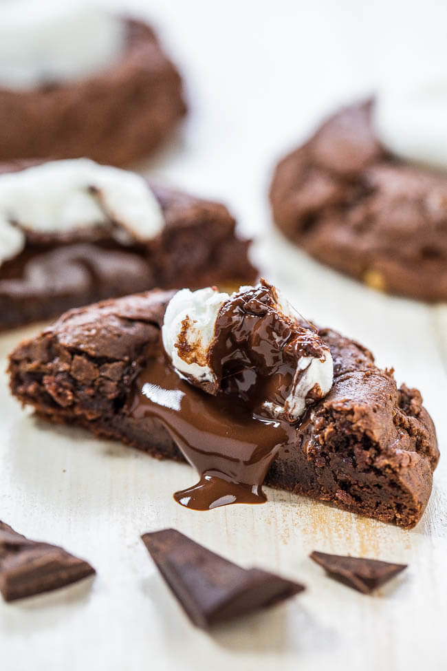 These gooey hot chocolate cookies are complete with big gooey marshmallows and chunks of melted dark chocolate.