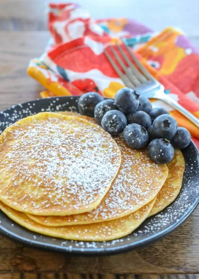 I like these pancakes best when simply dusted with powdered sugar, but by all means, try my buttermilk syrup.