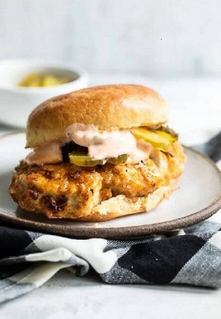 inspired by Chick-fil-a is made with lean chicken breast brined in pickle juice and buttermilk served with pickles and sriracha mayo – SO good!