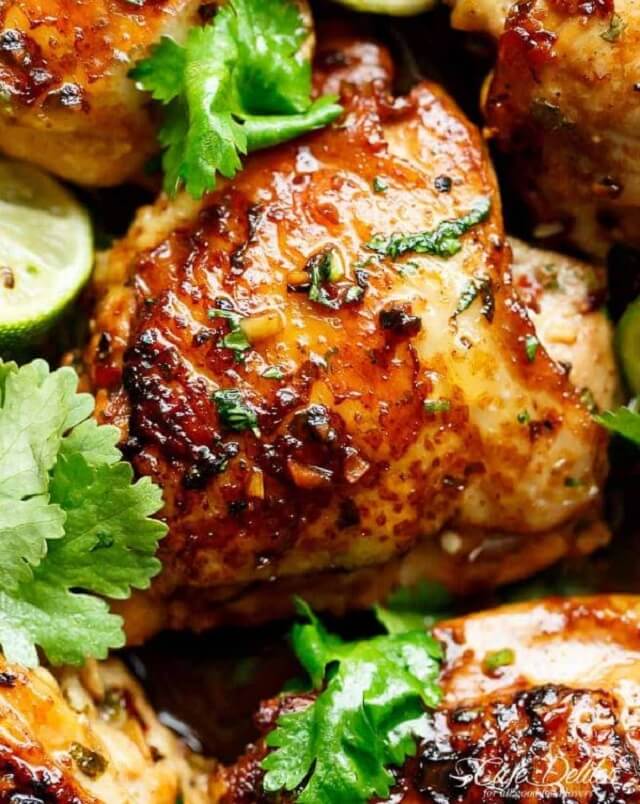 Bone-in chicken thighs with golden, crispy skin and juicy inside!