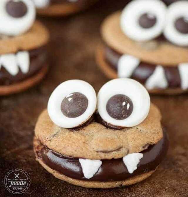 made with candy googly eyes, chewy chocolate chip cookies, and chocolate ganache.