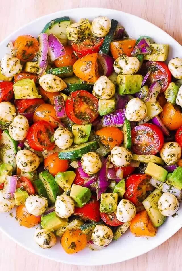 Avocado Salad with Tomatoes, Mozzarella, Basil Pesto