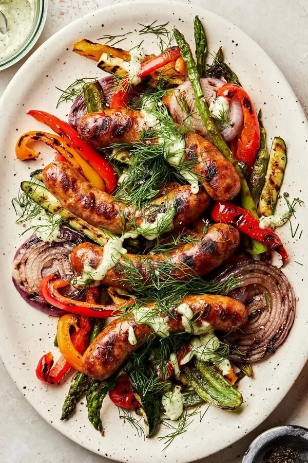 Grilled Sausage and Vegetables with Creamy Dill Dip