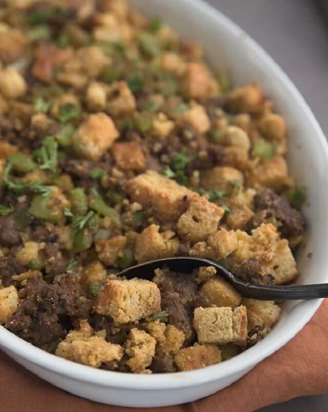 It is packed with the flavor of classic stuffing without all the carbs because it is made using my well-known low carb cheesy skillet bread and lots of sausage.