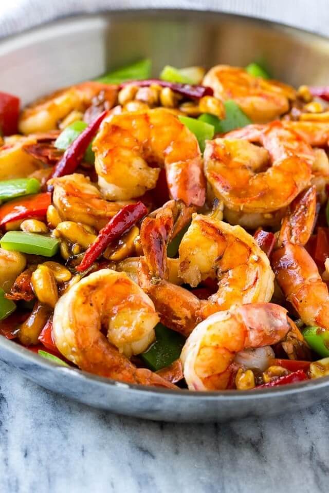The vegetables and peanuts in this dish for Kung Pao shrimp are cooked in a flavorful but spicily sauce.