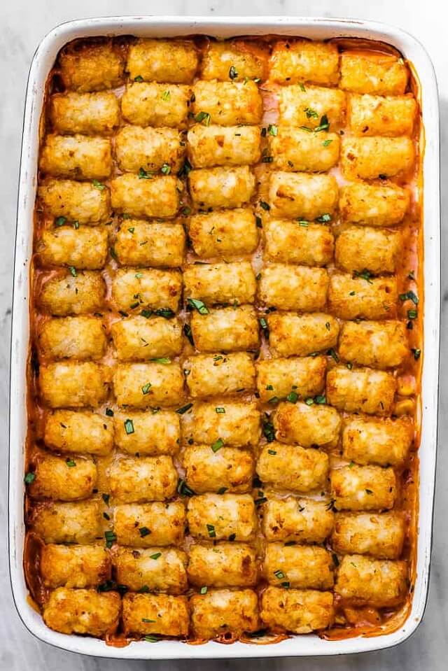 a family favorite that combines seasoned ground beef in a creamy sauce with corn, cheese, and crispy tater tots