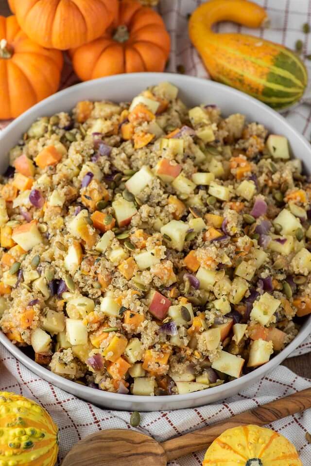 It includes sweet potatoes, parsnips, onion, quinoa, apples, and fresh herbs.